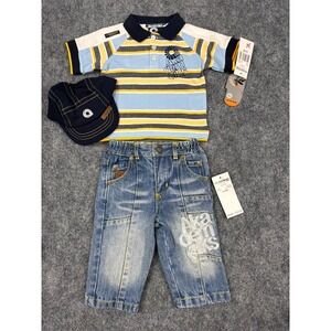 VTG Akademiks 3 Piece Set Baby Boy Outfit Polo Shirt‎ Denim Shorts Cap 0-6M NEW